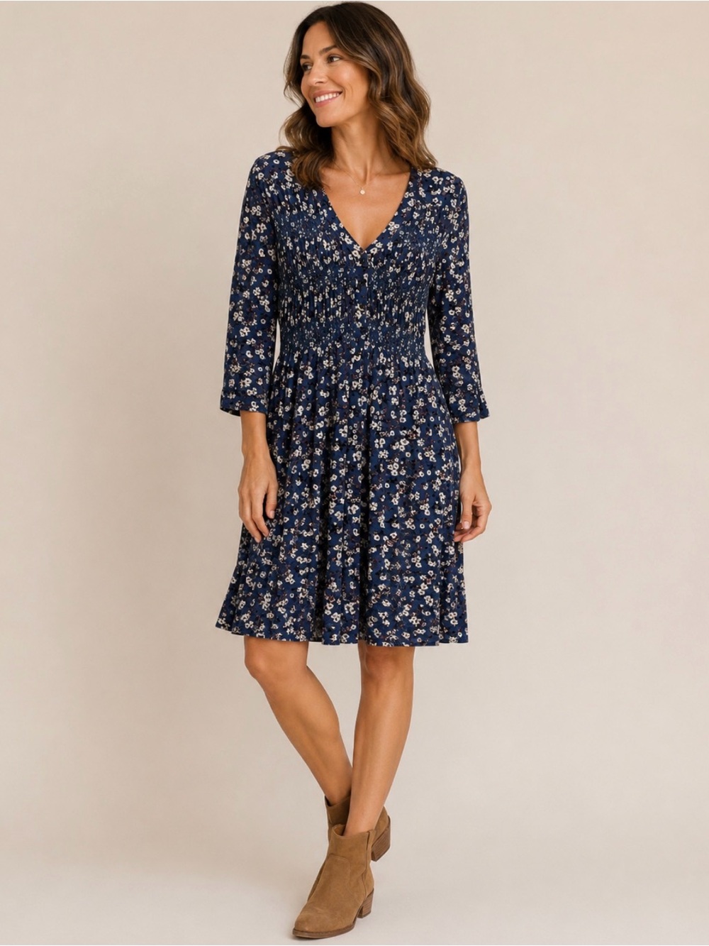 Alya Summer Mini Floral Print Knee Length Dress 3/4 Sleeves Size Small